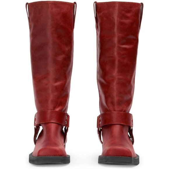 Women's Polyurethane Red Squared Toe Knee High Tall Riding Motorcycle Boots - Picture 7 of 7